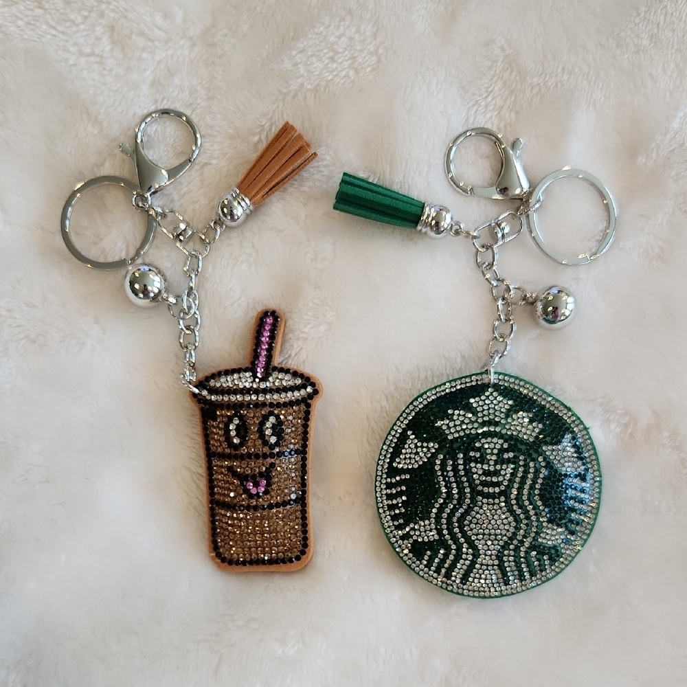 Starbucks Coffee Cup Sparkling Rhinestone Keychain Set Bag Charm